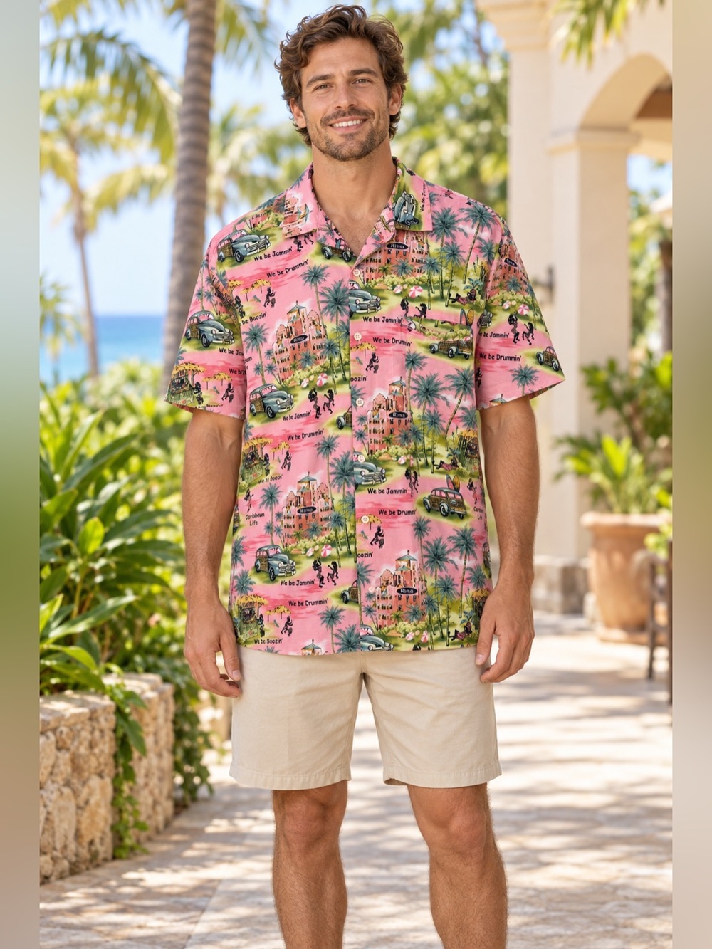 Rima Beachworld Men’s XL Pink Caribbean Print Rayon Hawaiian Shirt